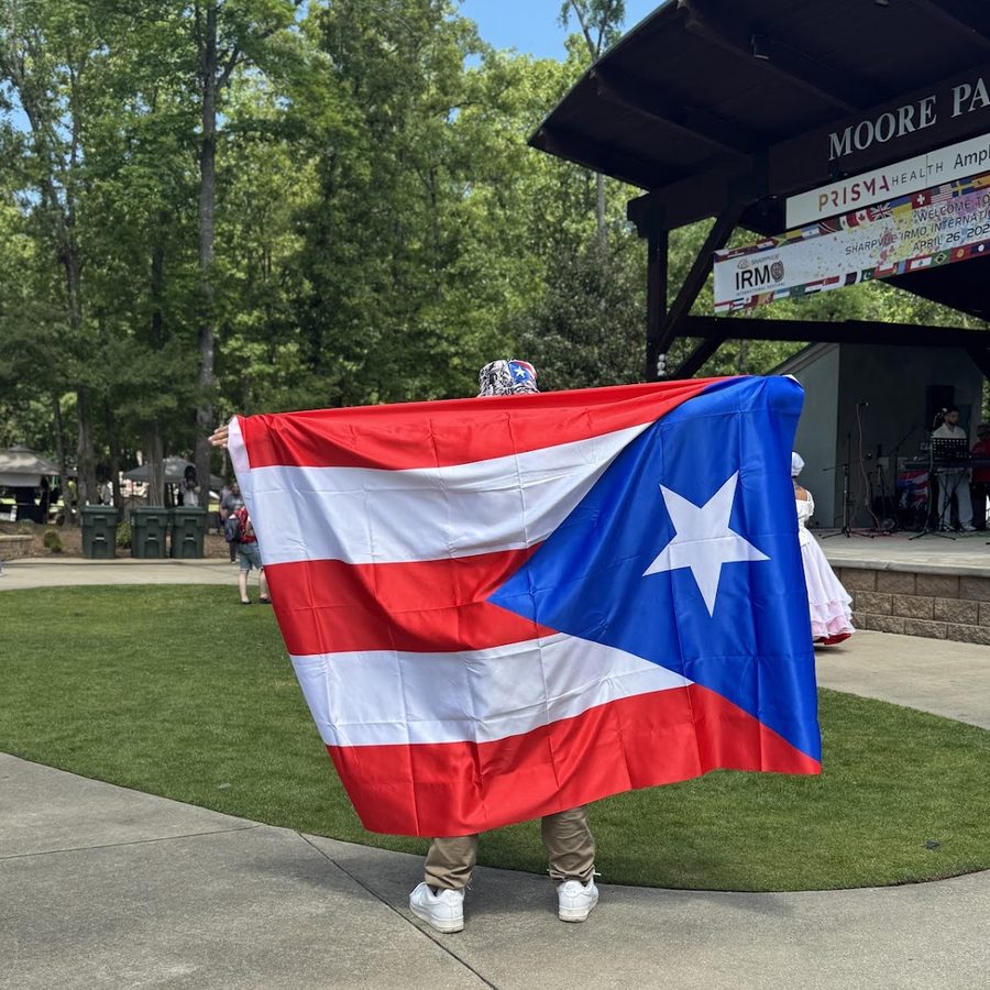 A festival guest proudly holding up the Puerto Rico flag in front of the Moore Park stage