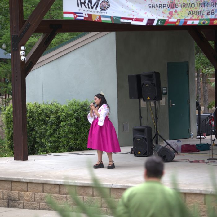 A singer in a traditional dress performing on stage