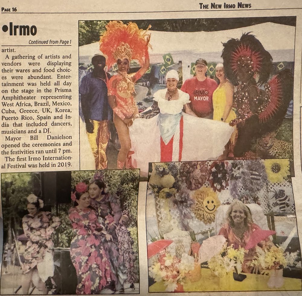 The New Irmo News, page 16: festival coverage with photos of samba dancers and Mayor Bill Danielson, flamenco dancers, and a flower vendor